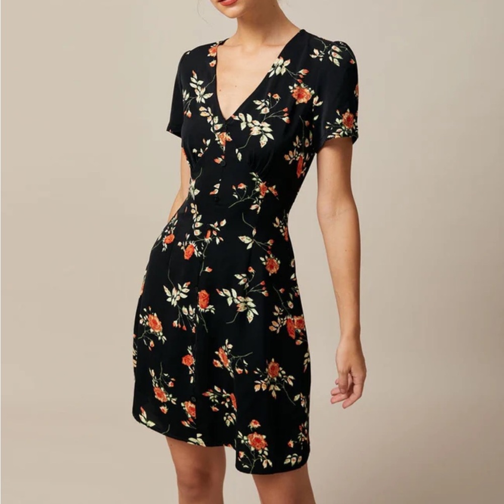 Rihoas Black V Neck Floral Button Up Mini Dress